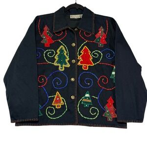 Vintage New Directions Christmas Tree Embroidered Button Down‎ Holiday Jacket